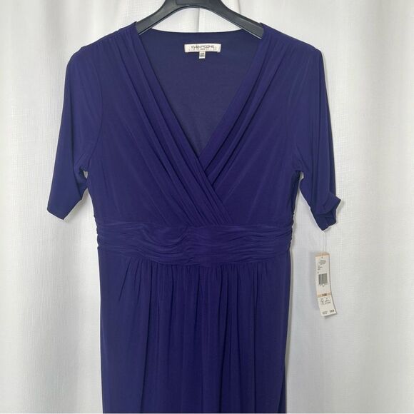 NWT Evan-Picone Grape Mist Dress Women’s 14 Short Sleeve Ruched Waist V Neck Zip - Picture 2 of 11